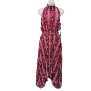 1.State Pink Pleated Chiffon Maxi Dress Sleeveless Smocked High Neck Small